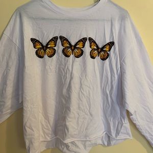 Long sleeve white butterfly cropped shirt